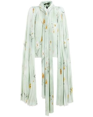 Balenciaga Elegant Floral Pleated Blouse With Padded Shoulders - Green