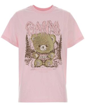 Ganni Basic Cotton Relaxed T-Shirt With Teddy Forest Print - Pink