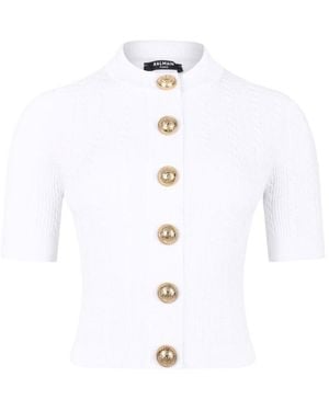 Balmain Ribbed Buttoned Top - White