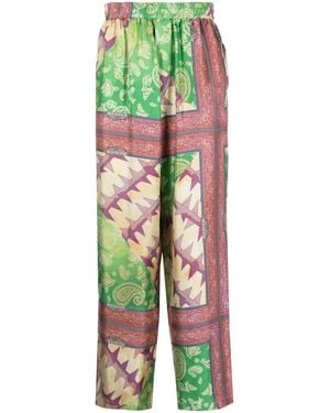 Aries Silk Paisley Print Wide-Leg Pants - Green