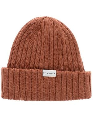 Woolrich Ribbed Logo Beanie Cap - Brown