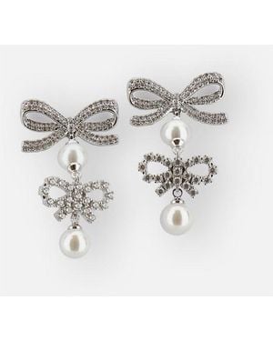 Self-Portrait Double Bow Pearl Earrings - Metallic