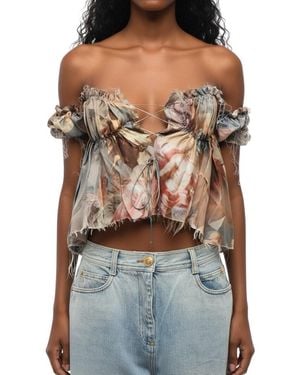 Balmain Printed Off Shoulder Top - Brown