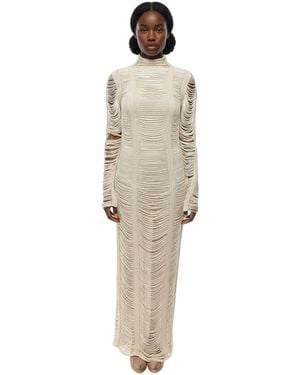 Balmain Textured Mock Collar Maxi Dress - Natural