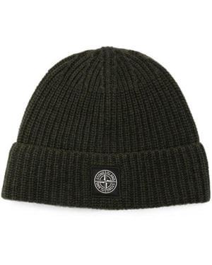 Stone Island Logo Knitted Beanie Cap - Black