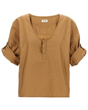 Saint Laurent Cotton Twill Wide-Neck Blouse - Brown