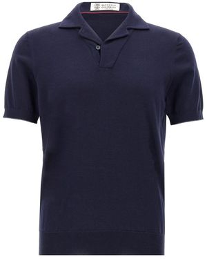 Brunello Cucinelli Short Sleeved Knitted Polo - Blue