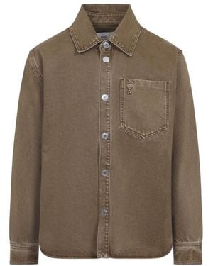 Ami Paris Long Sleeves Logo Shirt - Brown