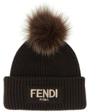 Fendi Pompon Embroidered Logo Beanie Hat - Black