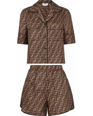 Fendi Two-Piece Ff Motif Silk Pajamas - Brown