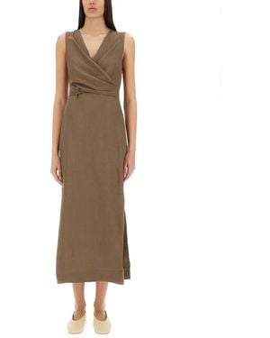 Brunello Cucinelli Solid V Neck Midi Dress - Brown