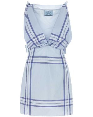 Prada Embroidered Cotton Mini Dres - Blue