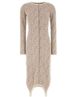 Fendi Round Neck Floral Print Midi Dress - Natural