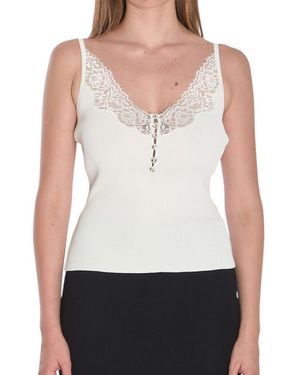 Self-Portrait Lace Trim Rib Knit Top - White