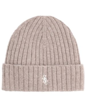 Sporty & Rich Logo Knitted Beanies Hat - Natural