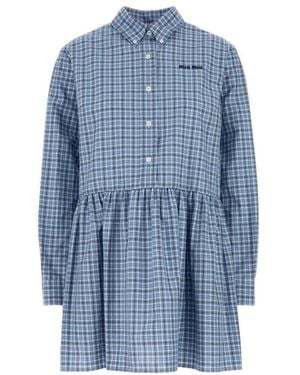 Miu Miu Pleated Checked Poplin Dress - Blue