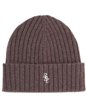 Sporty & Rich Logo Ribbed Beanie - Brown