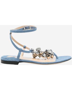Mach & Mach Cotton And Leather Sandals With Heart-Shaped Pendant - Blue
