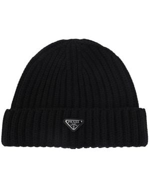 Prada Triangle Logo Beanie Hat - Black