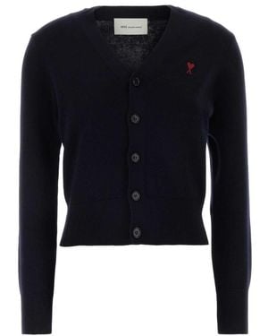 Ami Paris Logo V Neck Cardigan - Blue