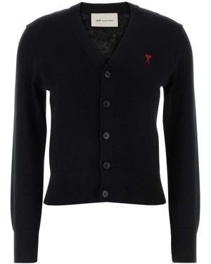 Ami Paris Logo V Neck Cardigan - Blue