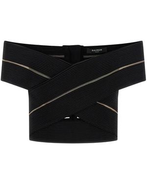 Balmain Off-The-Shoulder Crop Top - Black