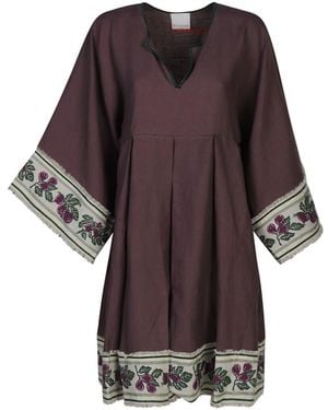 Ninaleuca V-Neck Linen Printed Mini Dress - Purple