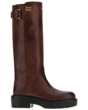 Miu Miu Logo Leather Boots - Brown
