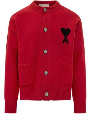 Ami Paris Logo Crew Neck Cardigan - Red