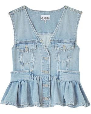 Ganni Solid V Neck Top - Blue