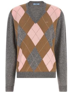 Prada Checks V Neck Jumper - Grey