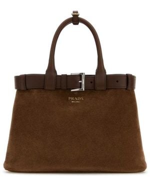 Prada Buckle Belt Suede Medium Satchel Bag - Brown