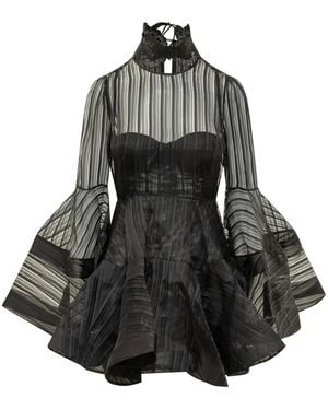 Zimmermann Stripes Mock Collar Mini Dress - Black