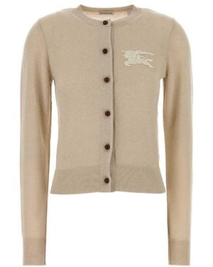 Burberry Crew Neck Logo Cardigan - Natural