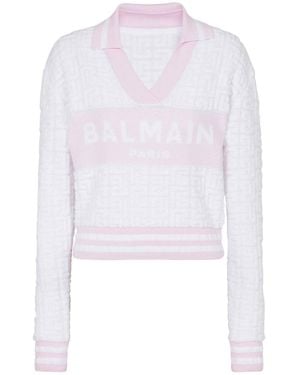 Balmain Monogram Logo Virgin Wool Cotton Polo - White