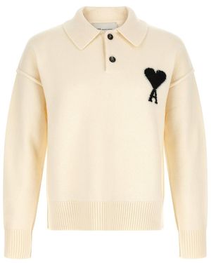 Ami Paris Logo Polo Sweater - Natural