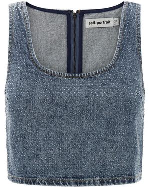Self-Portrait 'Rhinestone Denim Crop' Top - Blue