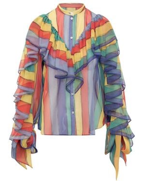 Rochas Stripes Band Collar Top - White