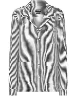 Tom Ford Striped Silk Pj Shirt With Piping And Tonal Tf Embroidered Logo - Gray