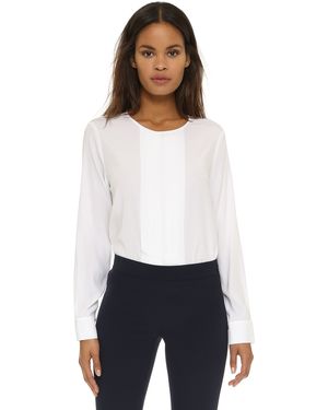 DKNY Long Sleeve Back Zip Pleated Front Blouse - White