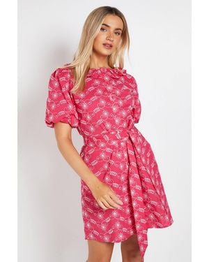 Dorothy Perkins Belted Puff Sleeve Embroidered Shirt Dress - Pink