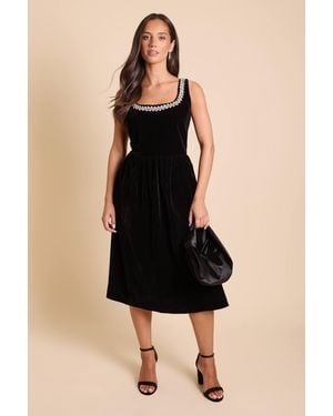 Dorothy Perkins Petite Velvet Embellished Neckline Structured Midi Dress - Black