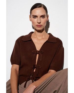 Dilvin Ribbed Acrylic Polo Cardigan With Tie Front - Brown