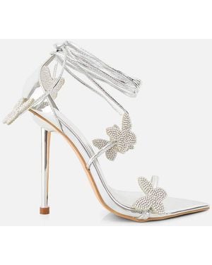 Public Desire Pageant Queen Mirror Diamante Butterfly Detail Lace Up Pointed Toe High Heels - White