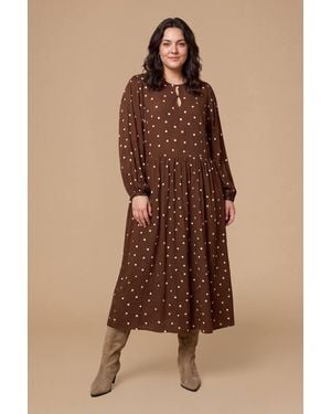 Dorothy Perkins Plus Spot Double Keyhole Blouson Sleeve Printed Midi Dress - Brown