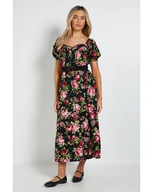 Dorothy Perkins Floral Lace Trim Pleat Bodice Puff Sleeve Midi Dress - White