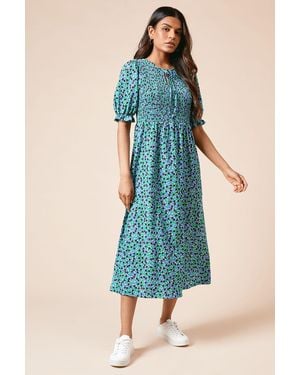Dorothy Perkins Petite Puff Sleeve Shirred Bodice Jersey Midi Dress - Blue