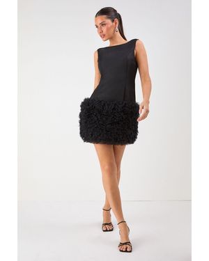 MissPap Satin Tulle Hem Racer Neck Mini Dress - Black
