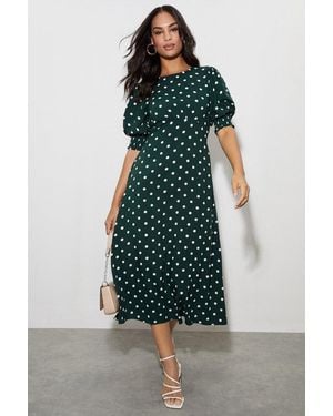 Dorothy Perkins Spot Shirred Cuff Midi Dress - Green