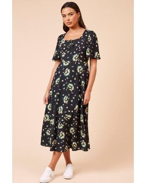 Dorothy Perkins Floral Tie Front Angel Sleeve Midi Dress - Black